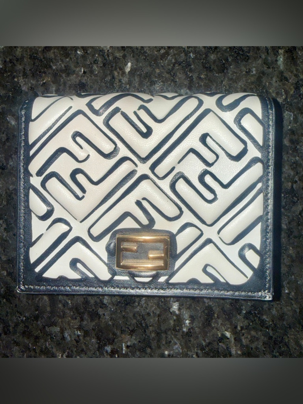 Fendi White and Black Quilted Logo Wallet with Gold Closure